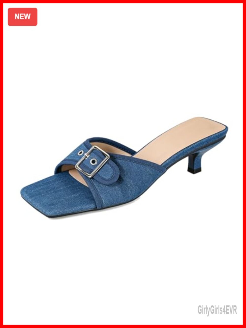 Denim Kitten Heel Slide Sandals Square Open Toe Backless Adjustable Buckle